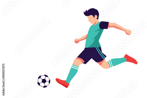 Flat illustration of a person playing soccer, kicking a ball