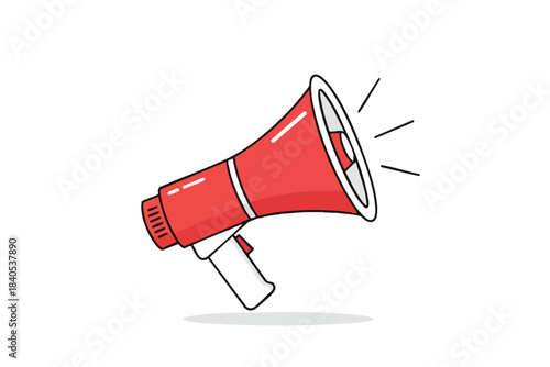 A red and white illustrated megaphone emits sound waves