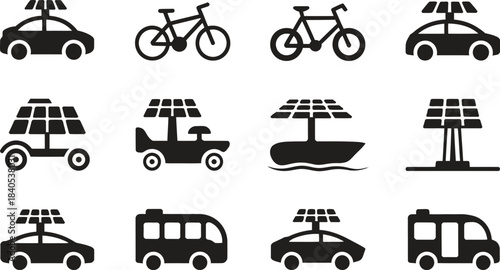 Solar-powered vehicle icon set including cars, bikes, boats and charging stations, ideal for renewable energy themes, eco transport apps and future mobility design
