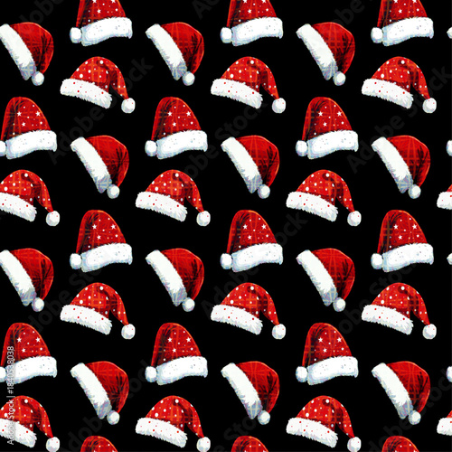 Seamless Christmas Santa Claus hats pattern on black background. Hand drawn fashion decoration Santa hats texture. Vector illustration