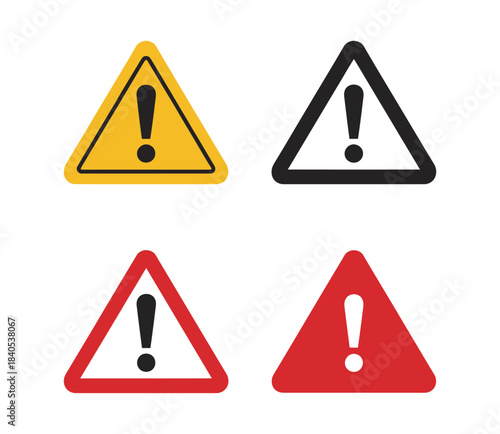 set of vector warning icons featuring multicolored triangle shapes with exclamation marks, suitable for safety communication, alert messages, hazard indications, design, and modern vector graphics.