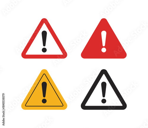 set of vector warning icons with exclamation marks in different colors and triangle shapes, designed for safety alerts, hazard signs, caution symbols, digital interfaces, and professional vector 
