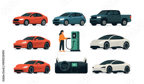 Electric cars and charging station, flat vector illustration, modern vehicles
