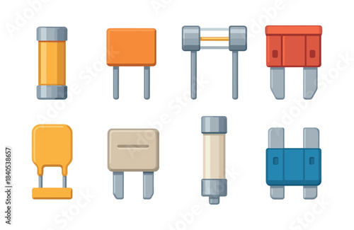 Electronic fuse collection, flat vector illustration, circuit, safety devices