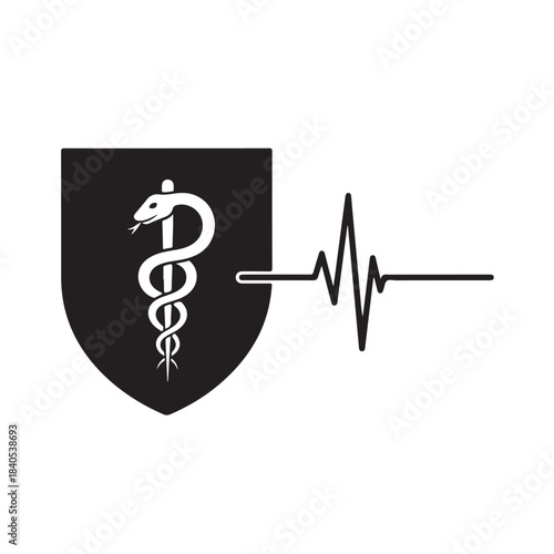 Medical Symbol with Rod of Asclepius in Shield with Heartbeat Line in Monochrome Minimalist Design for Healthcare Branding