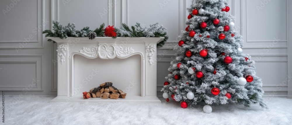 Obraz premium Living room displays a Christmas tree, wrapped gifts, and a glowing fireplace, creating a cozy and festive holiday atmosphere