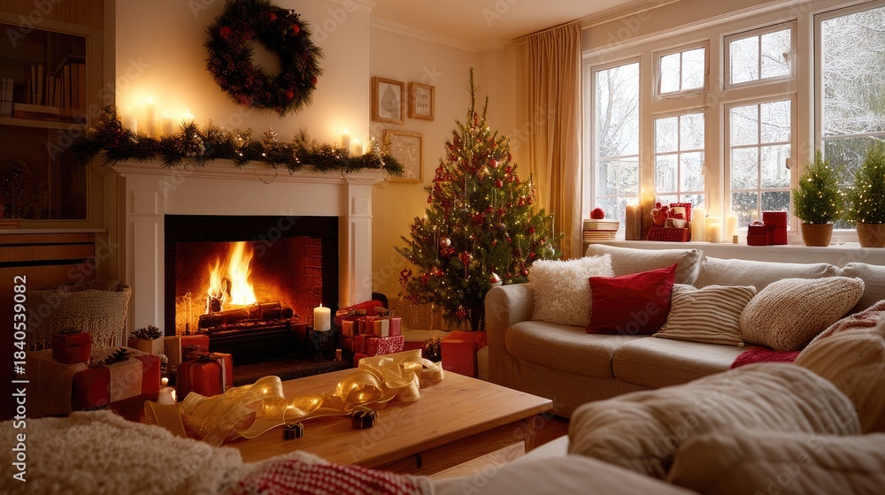 Obraz premium Living room displays a Christmas tree, wrapped gifts, and a glowing fireplace, creating a cozy and festive holiday atmosphere