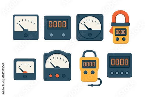 Electrical measuring devices, flat vector illustration, gauges, meters, instruments