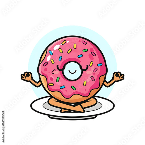 Cartoon Donut Meditating On A Plate Isolated On White Background