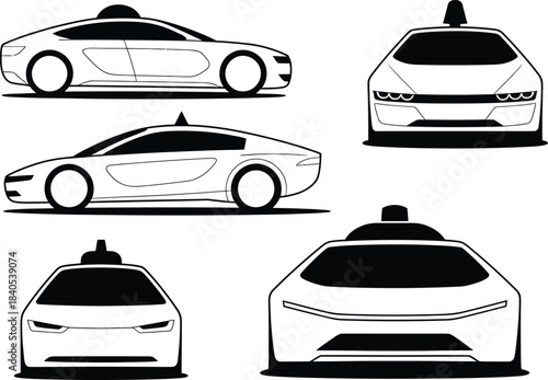 Modern taxi car silhouette set in side and front views, perfect for ride-sharing apps, transport branding, automotive UI icons and vehicle illustration themes