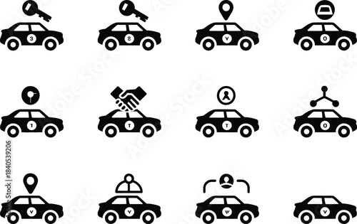 Simple ride-sharing icon set featuring cars, location pins, keys and passenger symbols in clean silhouette style, ideal for navigation apps, taxi services and transport UX