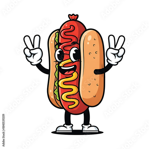 Cartoon Hot Dog With Ketchup And Mustard Giving Peace Signs Isolated On White Background