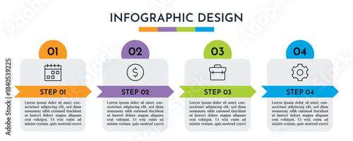 4 Step Arrow Ribbon Infographic Layout with Colorful Sections and Line Icons, Modern Business Process Abstract Design Vector Illustration