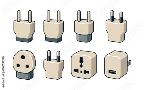 International plug adapters, flat vector illustration, travel connectors, power sockets