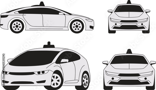 Modern taxi car illustration set in front and side views, ideal for ride-sharing apps, transport branding, navigation graphics and automotive design themes