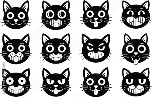 Expressive cat face silhouette collection in bold black style, perfect for emoji sets, pet graphics, stickers and animal-themed illustrations