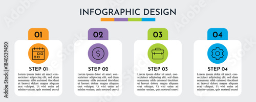 4 Step Rounded Rectangle Infographics Layout Template with Colorful Icons and Modern Business Process Abstract Vector Design