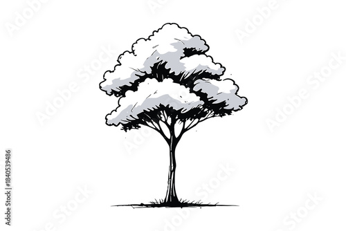 Stylized watercolor painting of a vibrant green tree with a brown trunk and sparse branches on a white background