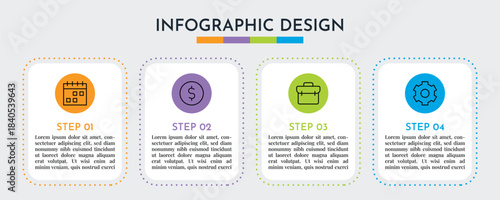 4 Step Dotted Outline Infographics Layout Template with Colorful Circles and Line Icons, Modern Business Process Abstract Vector Design