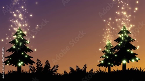 Two illuminated Christmas trees standing in a field at dusk with fireworks exploding above