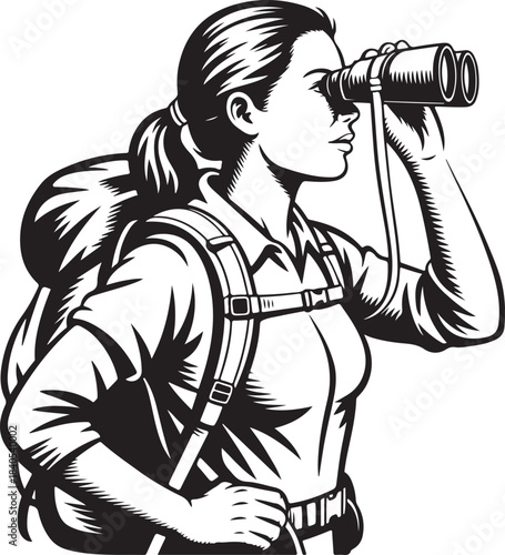 Woman backpacker exploring nature with binoculars adventurous journey through wilderness areas