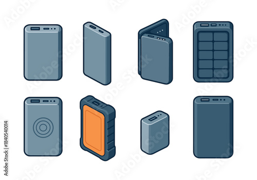 Power bank options, charging devices, battery packs, flat vector illustration