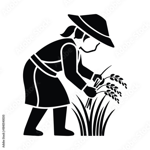 Farmer in conical hat harvesting rice stalks in a distinctive silhouette style