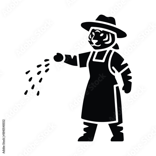 Farmer in hat and apron sowing seeds in a silhouette