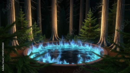 Mystical blue flames surround a serene pond in a dense forest surrounded by tall trees