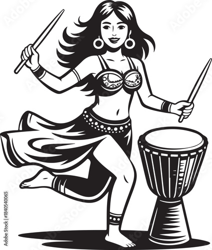 Belly dancer woman with drumsticks and djembe drum in traditional exotic dance style