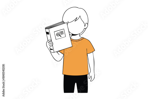 A cartoon person holding a book with a magnifying glass icon