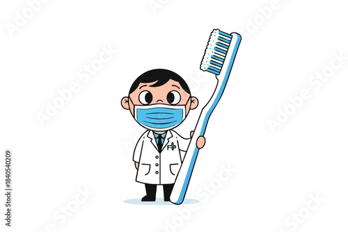 Cute masked figure in lab coat holding a giant toothbrush