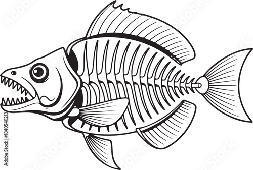 Detailed fish skeleton illustration with visible bones fins and aggressive open mouth showing teeth
