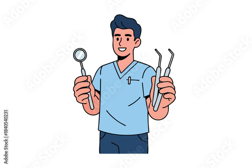 Happy cartoon dentist in scrubs holding dental mirror and probes