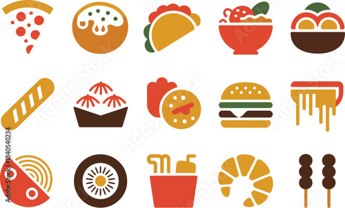 Vibrant food icon set featuring pizza, dumplings, noodles, burgers and snacks in modern flat style, ideal for menus, food apps, restaurant branding and culinary graphics