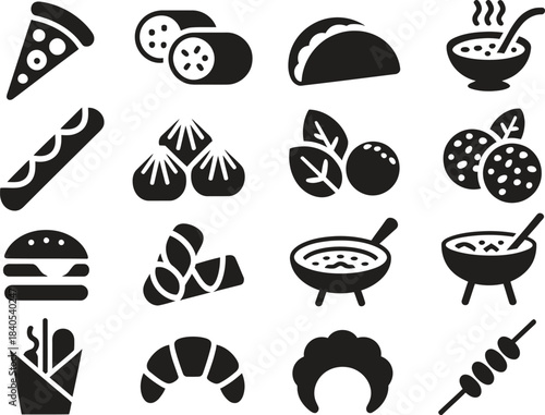 Minimal black food silhouette icons featuring popular snacks, bakery items and meals, perfect for restaurant logos, menus, labels and clean food-themed designs