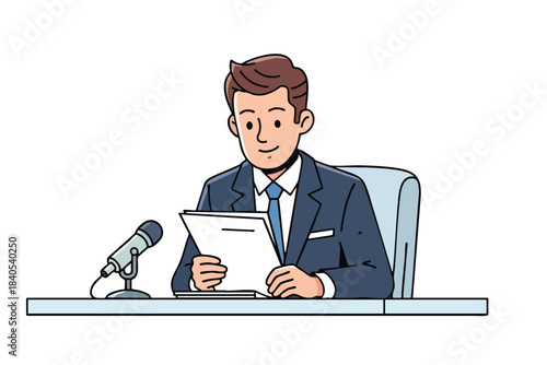 A man in a suit sits at a desk with a microphone and papers