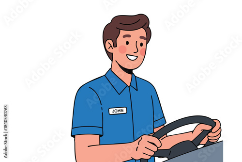 Smiling man with brown hair wearing a blue uniform, driving