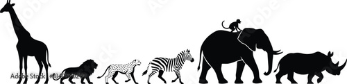 African safari animals silhouette, wildlife vector illustration of giraffe, lion, cheetah, zebra, elephant, monkey, and rhinoceros in a row.