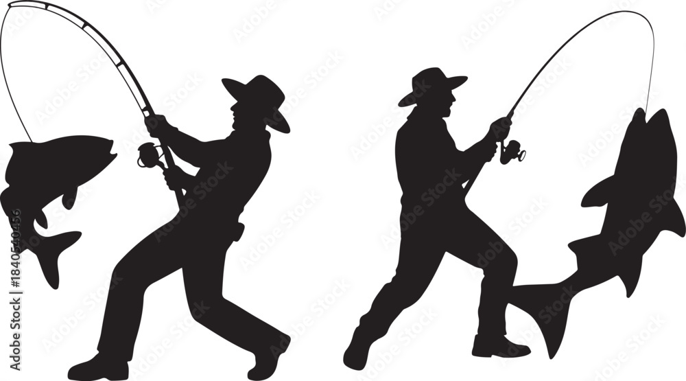 Obraz premium Two fishermen silhouettes in hats actively catching large fish with fishing rods outdoor