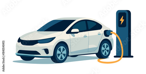 Electric car charging, eco-friendly transport, flat vector illustration