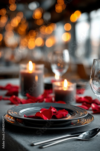 romantic Valentine’s Day dinner table setup, candles, rose petals, two plates