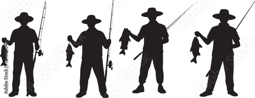 Four fishermen silhouettes in hats holding freshly caught fish and fishing rods outdoor