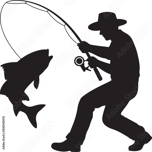 Fisherman in hat silhouette catching big fish on fishing rod during active angling sport