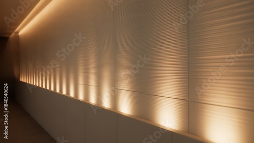 Warm architectural lighting illuminates a textured wall surface creating dramatic shadows in a modern interior hallway space