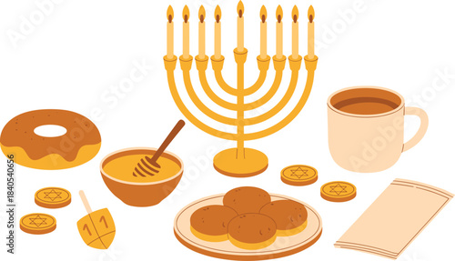 Hanukkah celebration objects with menorah sufganiyot and dreidel