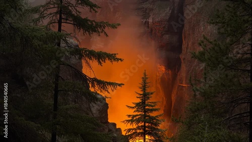 A serene waterfall surrounded by lush green trees in a rocky canyon at dusk