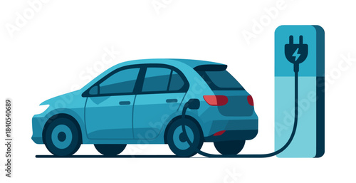Electric car charging, eco-friendly transport, flat vector illustration