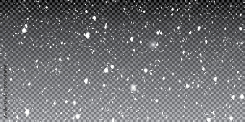 Realistic white winter snowfall,  Snowfalling background. Falling snow. Flying snowflakes. Snowy weather transparent effect. Frost storm effect for new year 