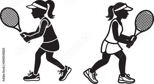 Two female tennis players in different outfits black and white silhouette